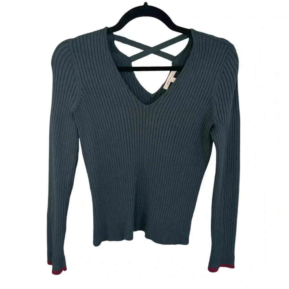 Skies Are Blue Green Cross Back Ribbed Sweater V Neck - Picture 1 of 5